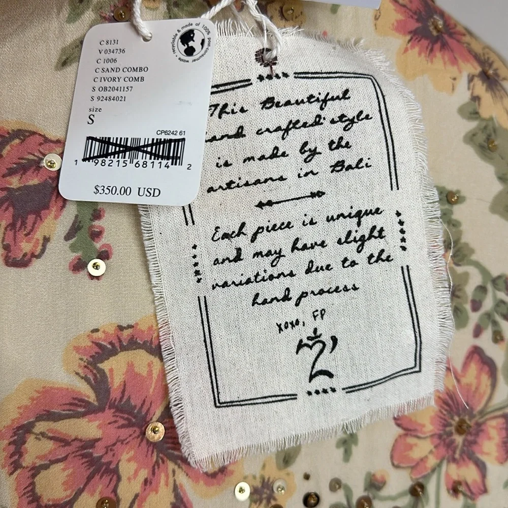 Free People  Hand Beaded Bali Golden Sun Printed Mini Dress SIZE SMALL NWT - Picture 13 of 16